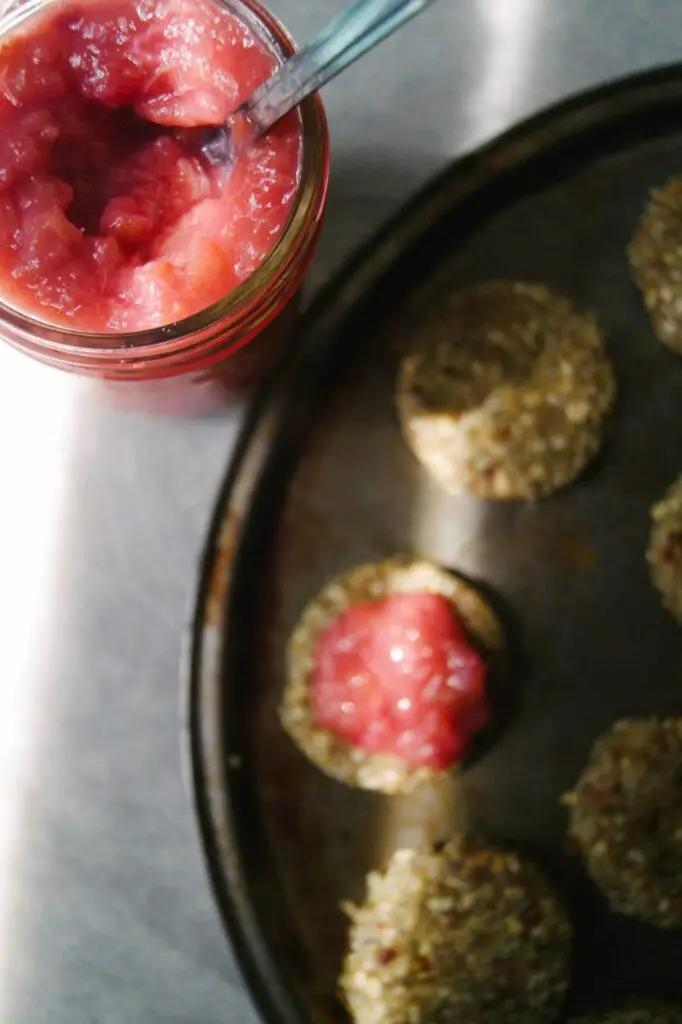 Oat Date Sandwich Cookies With Rhubarb Ginger Compote