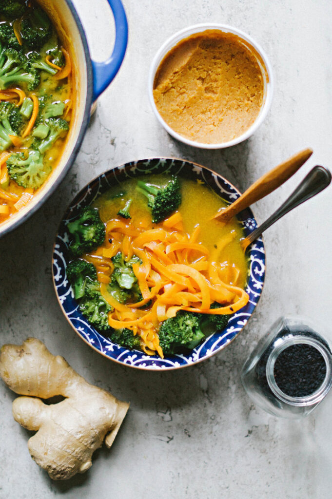 Miso Ginger Broth With Pan Seared Sweet Potato Noodles