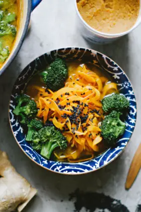 Miso Ginger Broth With Pan Seared Sweet Potato Noodles & Broccoli Florets