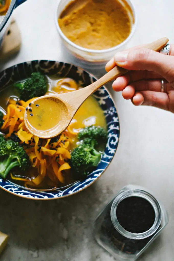 Miso Ginger Broth With Pan Seared Sweet Potato Noodles