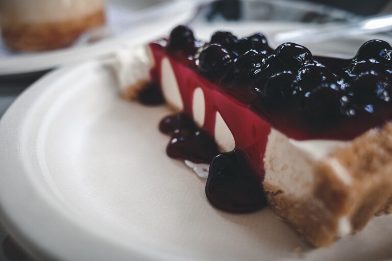 Cheesecake with blueberries on top.