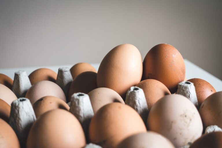 Fresh eggs sitting out in an egg carton.