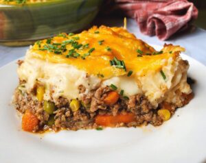 Slice of Shepherd's Pie on a plate. Credit: Portlandia Pie Lady
