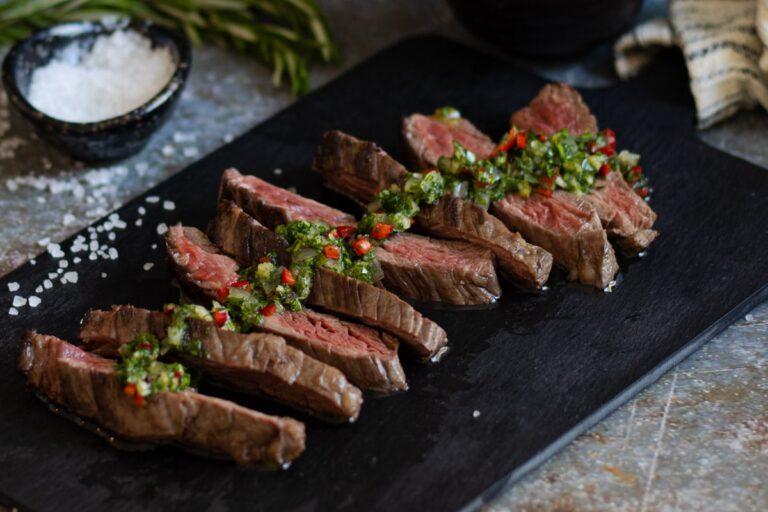 Bavette steak on a board.
