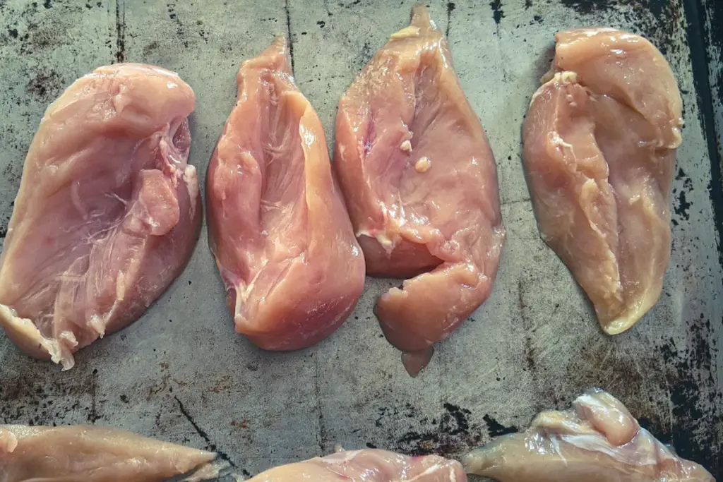 Sliced and cut raw chicken breasts. Credt: Chef's Notes