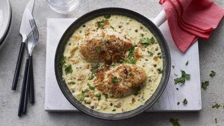 Chicken piccata on a table. Credit: BBC