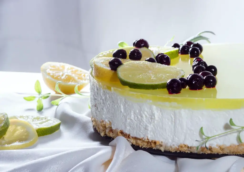 Lemon and lime cheesecake with blueberries.