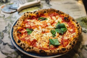 Neopolitan pizza with crisp crust.