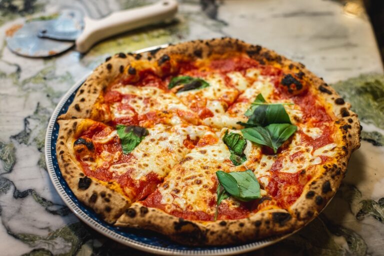 Neopolitan pizza with crisp crust.
