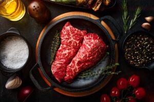 Raw steak in a skillet pan. Credit: Unsplash