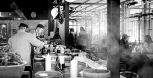 Chefs in a kitchen, Covent Garden.